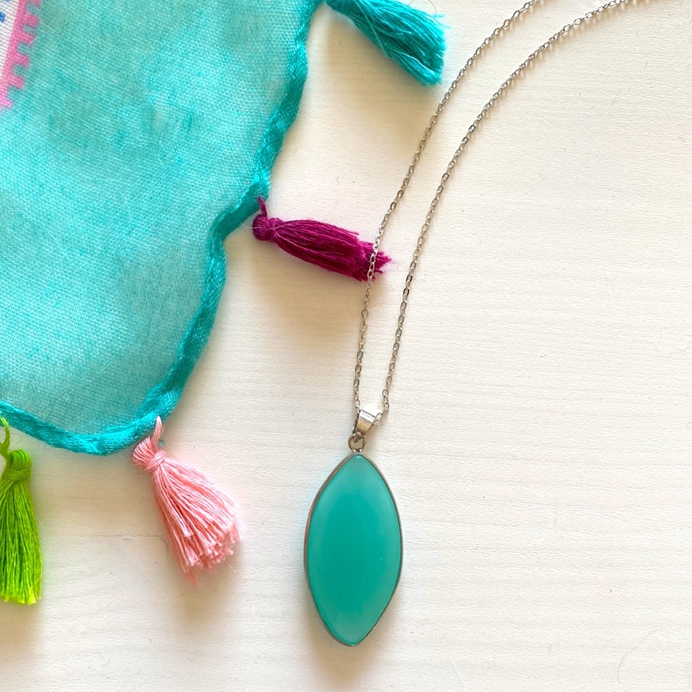 Natural Blue Leaf Stone Pendant Necklace on Sterling Silver Chain
